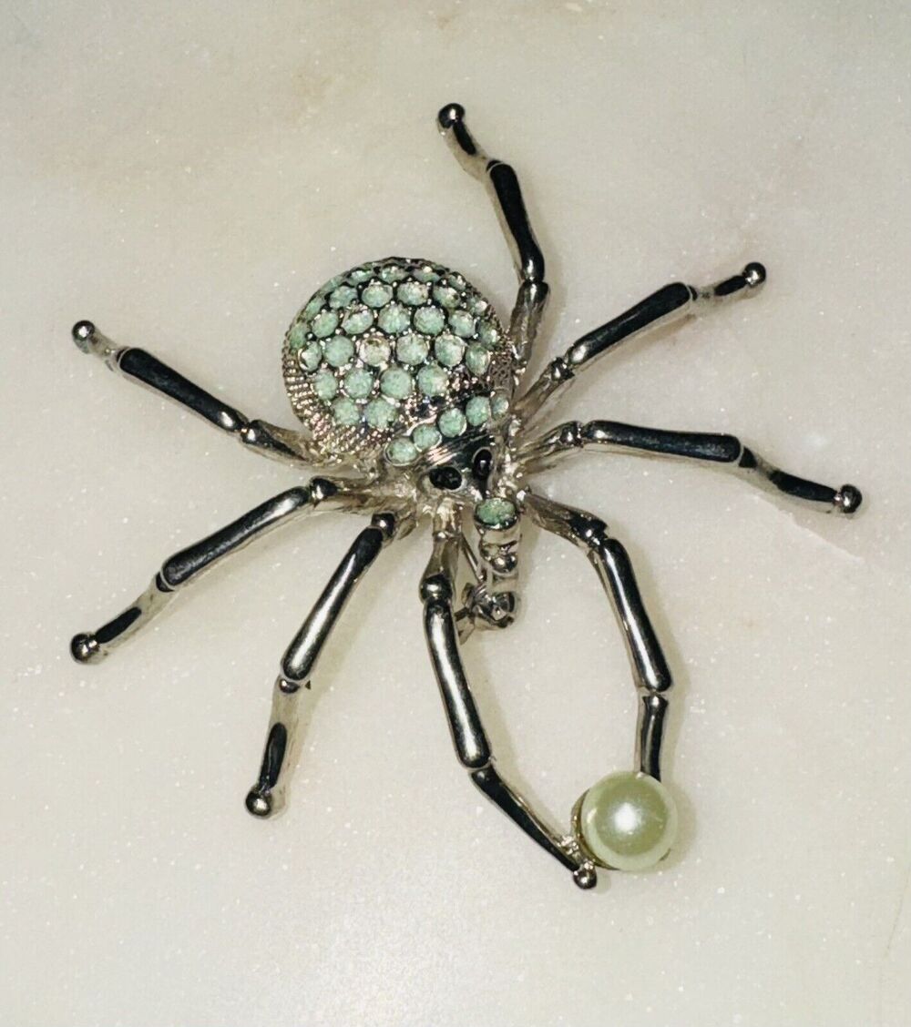 Silver Tone Blue Aqua Rhinestone Spider Brooch Pin